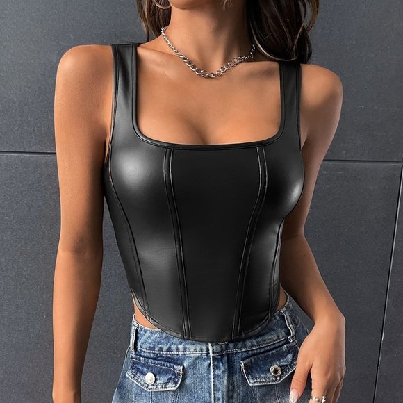 . Tops - Black Preppy Womens Square Neck Asymmetrical Hem PU Tank Top
